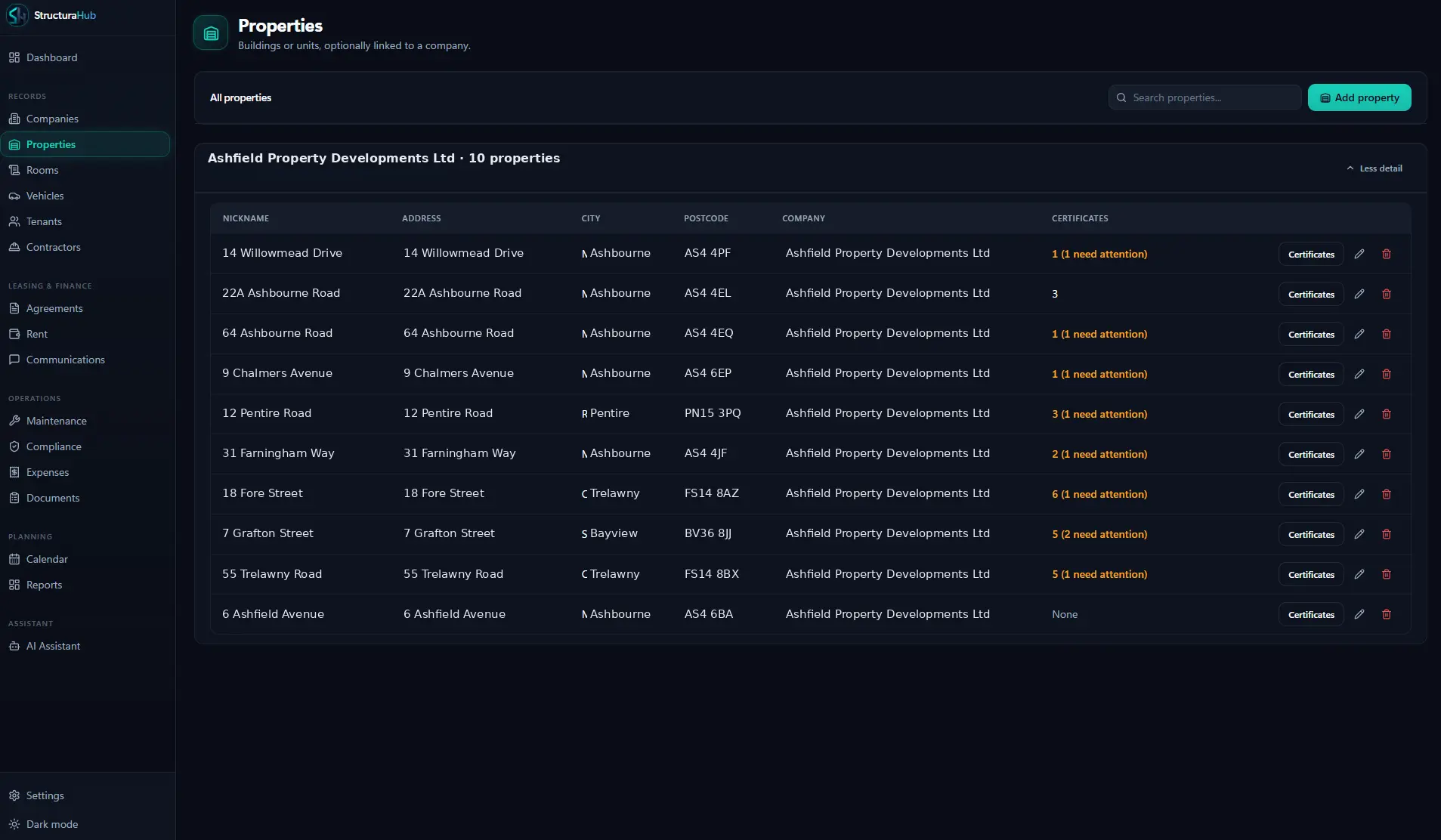 StructuraHub properties screen, shown with sample data
